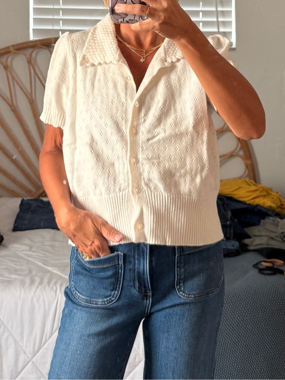 Cream Short Sleeve Button Front Knit sweater Top, slightly cropped